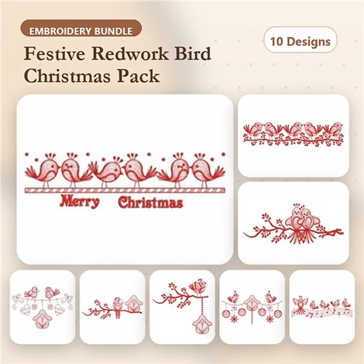 Redwork Festive Birds Embroidery Designs Bundle – Merry Christmas Border, Wreath, Holly & More (10 Designs)