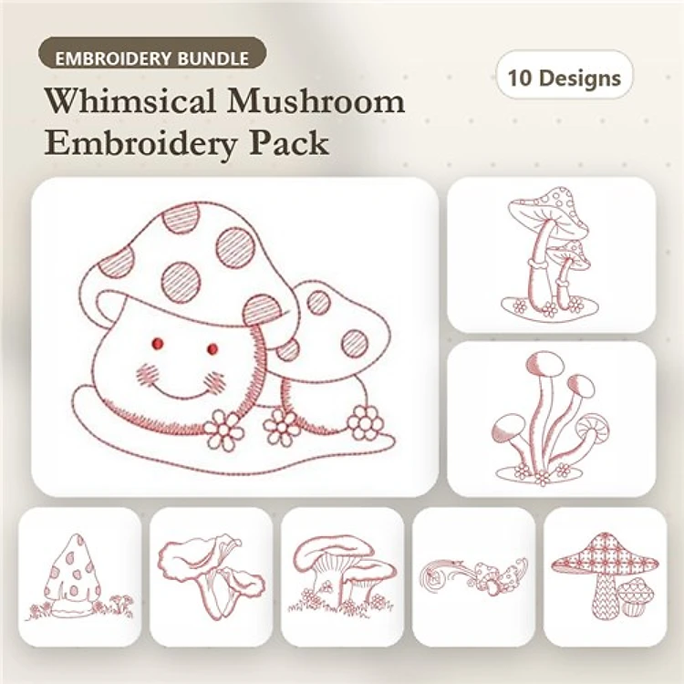 Redwork Whimsical Mushrooms Embroidery Designs Bundle – Smiling Mushroom Character, Assorted Mushrooms, Tall Mushroom & More (10 Designs)