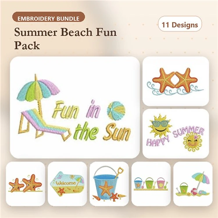 Summer Beach Fun Embroidery Designs Bundle – Beach Chair, Starfish, Sun with Sunglasses & More (11 Designs)