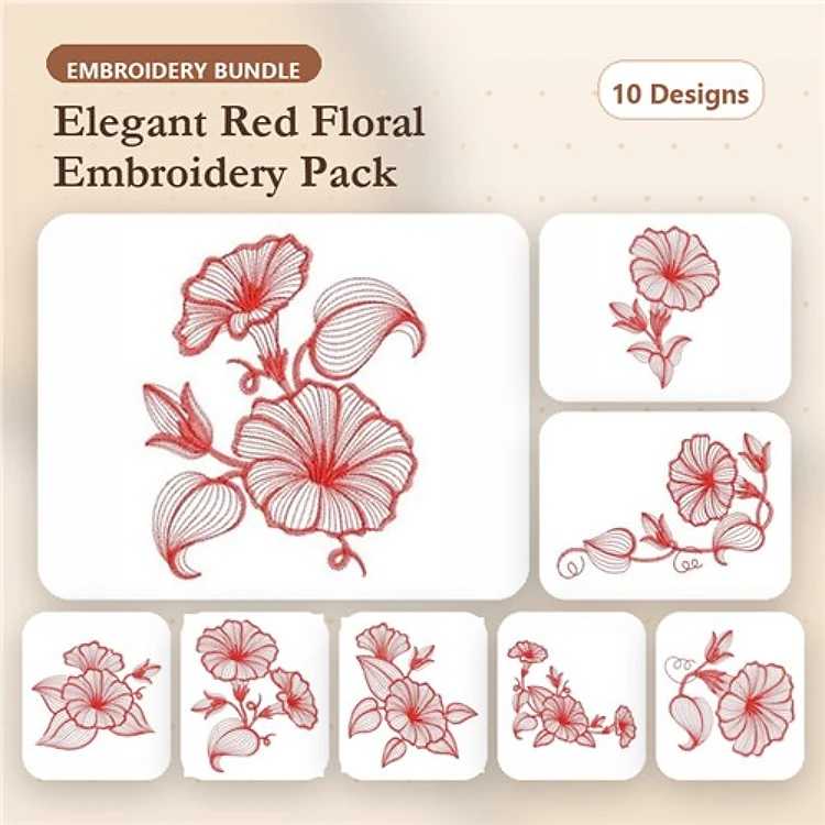 Redwork Elegant Red Floral Embroidery Bundle – Red Floral Design 1, Red Floral Design 2, & More (10 Designs)