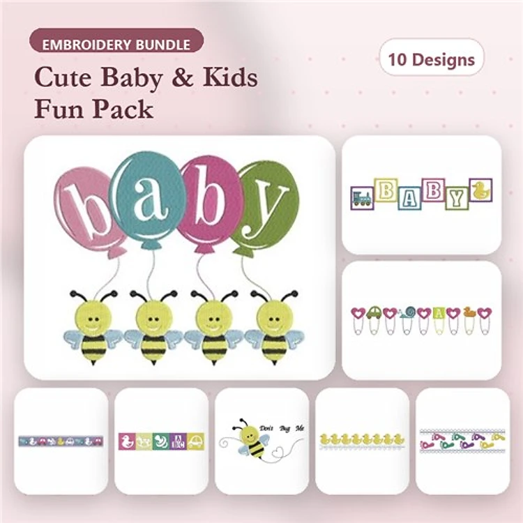 Cute Baby & Kids Embroidery Designs Bundle – Baby Balloons, Bee with Balloons, Heart Flowers Border & More (10 Designs)