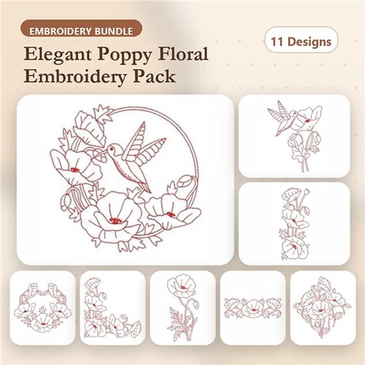 Redwork Poppy Floral Embroidery Designs Bundle – Poppy with Hummingbird, Single Poppy, Floral Bouquet & More (11 Designs)