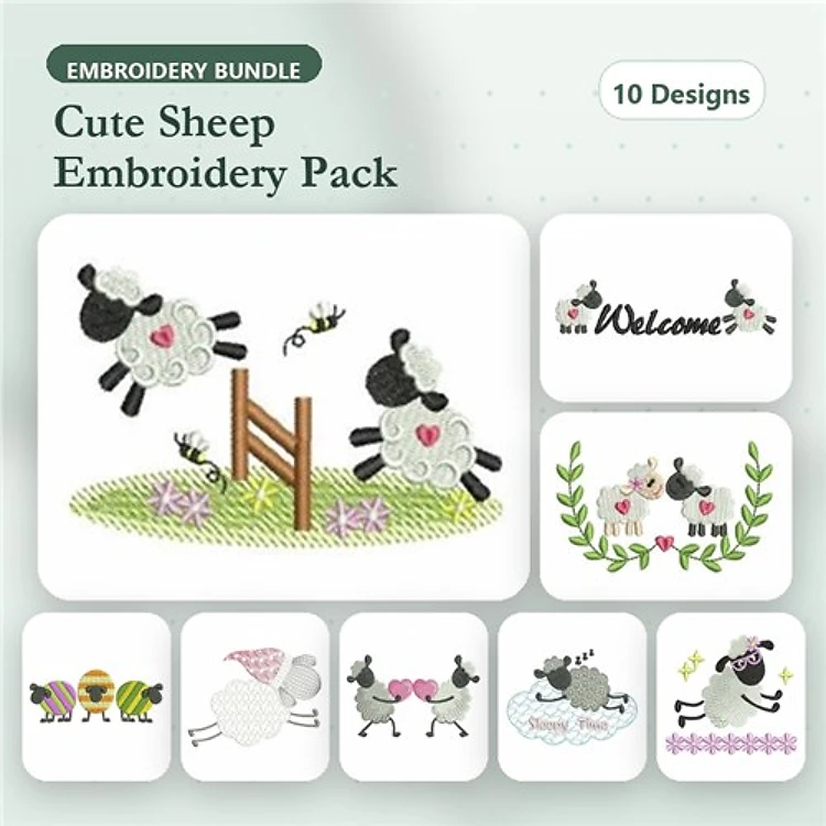 Farm Animal Embroidery Bundle – Jumping Sheep with Flowers, Welcome Text with Sheep, Sheep with Heart & More (10 Designs)