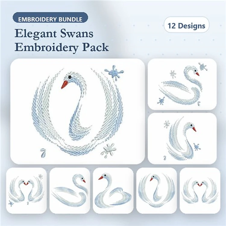 Elegant Swans Embroidery Designs Bundle – Swan with Floral Swirls, Two Swans with Hearts & More (12 Designs)