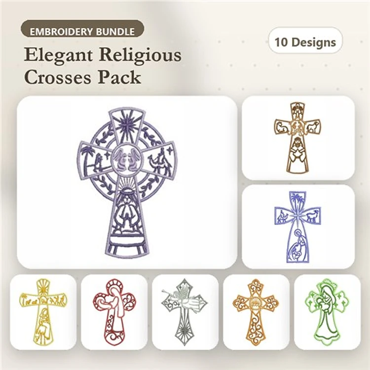 Elegant Religious Crosses Embroidery Designs Bundle – Ornate Cross with Jesus, Stylized Cross with Heart, Decorative Cross with Vine & More (10 Designs)