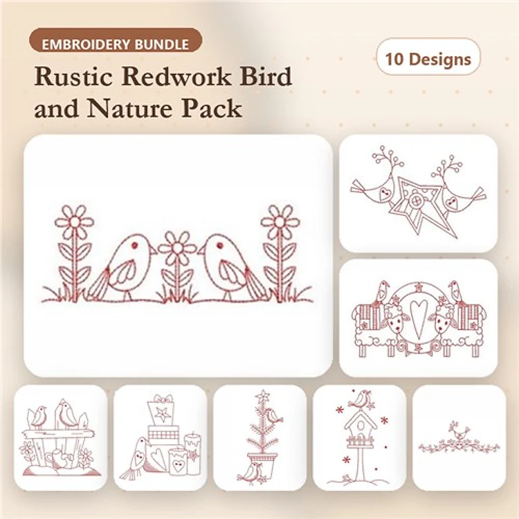 Redwork Bird & Nature Embroidery Designs Bundle – Love Birds with Flowers, Birdhouse, Garden Flowers & More (10 Designs)