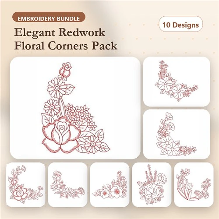Redwork Floral Embellishments Bundle – Roses, Daisies, Vines & More (10 Designs)