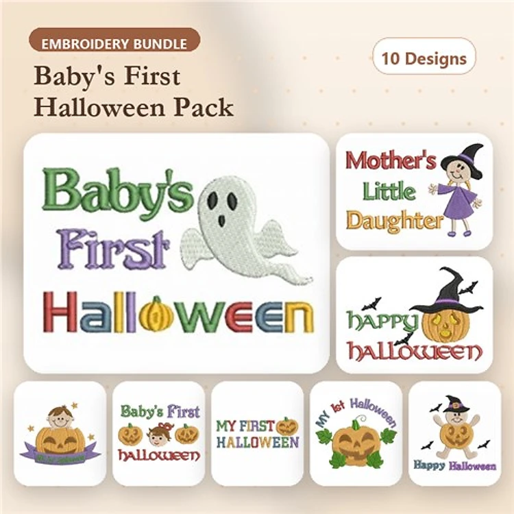 Halloween Baby Embroidery Designs Bundle – Baby's First Halloween, Pumpkin with Face, Ghost & More (10 Designs)