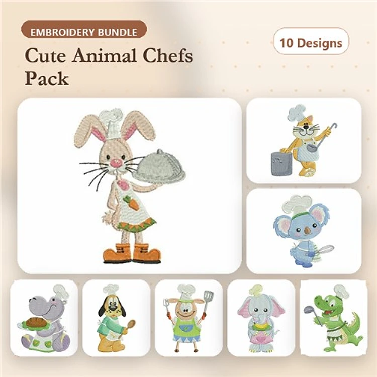 Cute Animal Chefs Embroidery Bundle – Adorable Animal Designs (10 Designs)