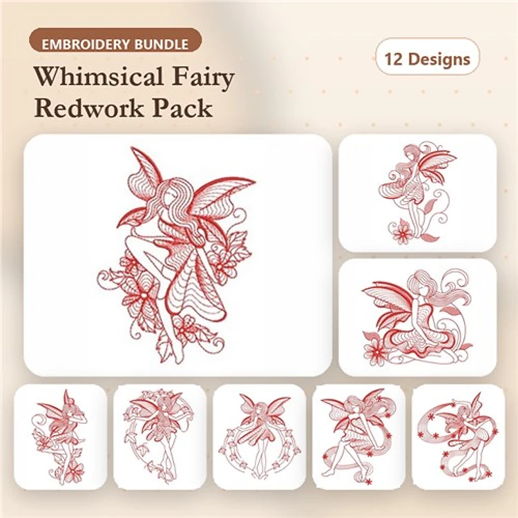 Redwork Whimsical Fairies Embroidery Bundle – Fairy with Flower, Fairy Dancing, Fairy with Moon & More (12 Designs)