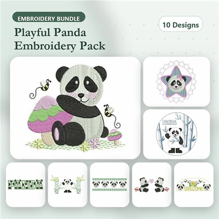 Panda Embroidery Designs Bundle – Panda with Easter Eggs, Panda with Bees, Panda Pattern & More (10 Designs)