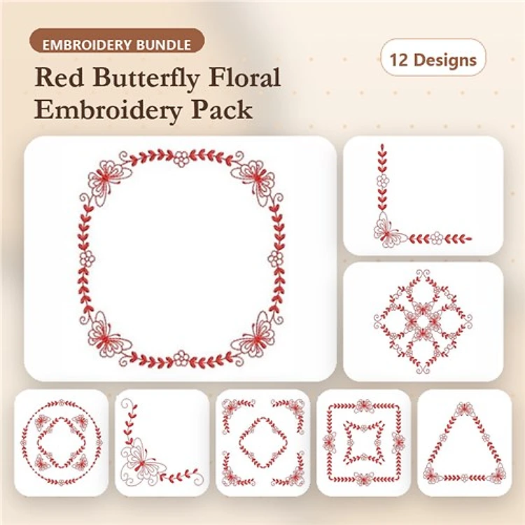 Redwork Butterfly Floral Embroidery Designs Bundle – Floral Frame, Corner Embellishment, Square & More (12 Designs)