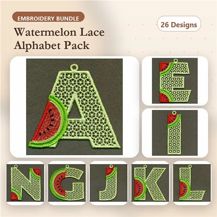 FSL Watermelon Lace Alphabet Embroidery Designs Bundle – A, E, I, N, G & More (26 Designs)