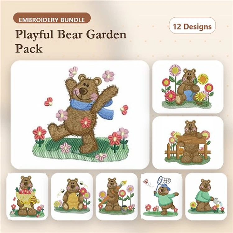 Cheerful Bear Embroidery Bundle – Bear with Flowers, Bear in Scarf, Bear with Watering Can & More (12 Designs)