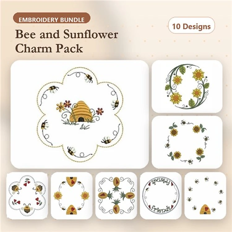 Bee & Sunflower Embroidery Bundle – Bee with Flowers, Sunflower Arrangement, Honeycomb & More (10 Designs)