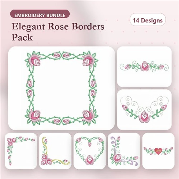 Rose Embellishment Embroidery Designs Bundle – Rose Border Square, Rose Frame, Rose Heart & More (14 Designs)