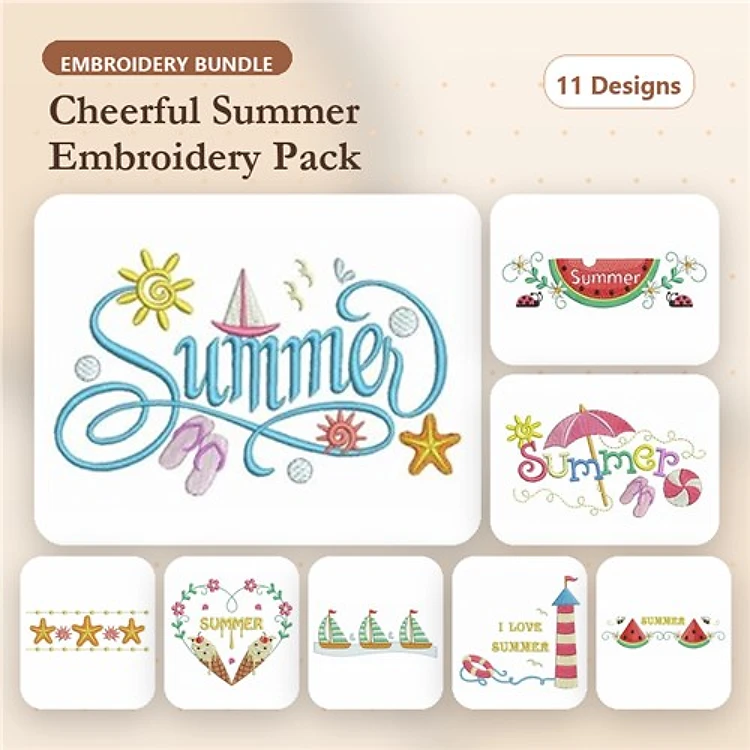 Cheerful Summer Embroidery Designs Bundle – Summer Script, Watermelon Slice, Beach Umbrella & More (11 Designs)