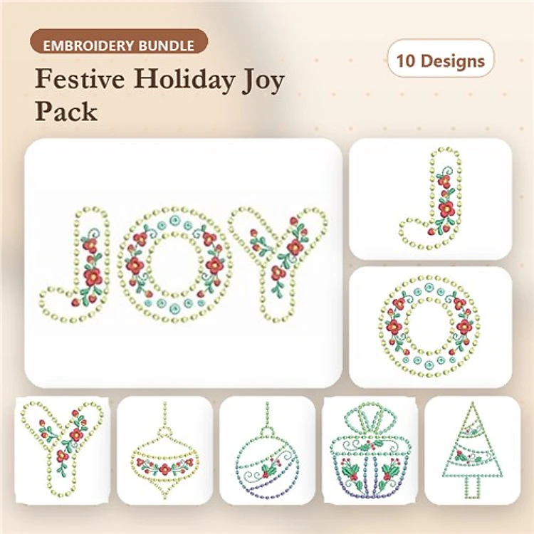 Festive Holiday Embroidery Designs Bundle – JOY Letters, Holiday Ornament, Gift Box, Christmas Tree & More (10 Designs)