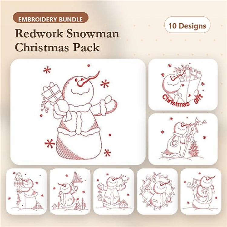 Redwork Snowman Christmas Embroidery Designs Bundle – Snowman with Gift, Snowman with Tree, Snowman Holding a Gift & More (10 Designs)