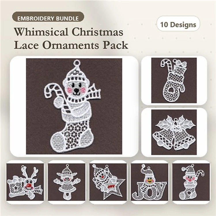 FSL Christmas Ornament Embroidery Designs Bundle – Santa Stocking, Snowman, Holly & More (10 Designs)