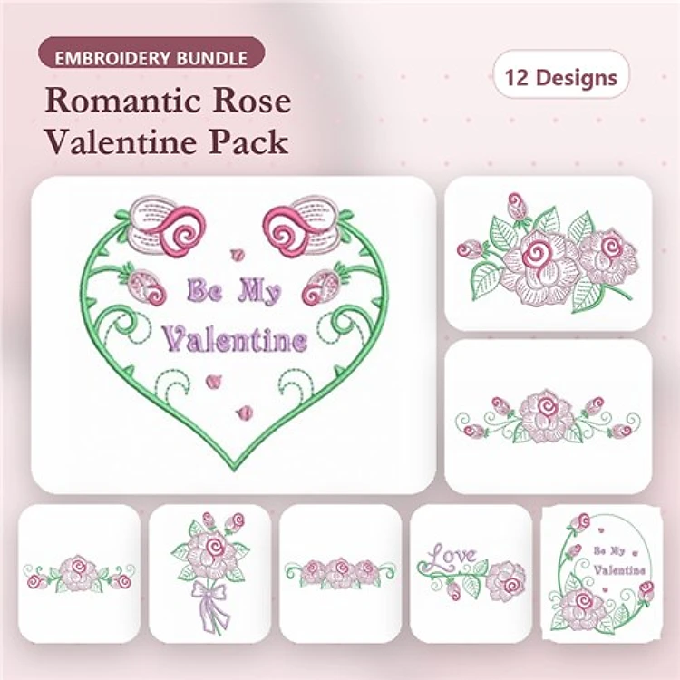 Rippled Valentine Rose Embroidery Designs Bundle – Valentine Heart with Roses, Be My Valentine, Rose with Love & More (12 Designs)