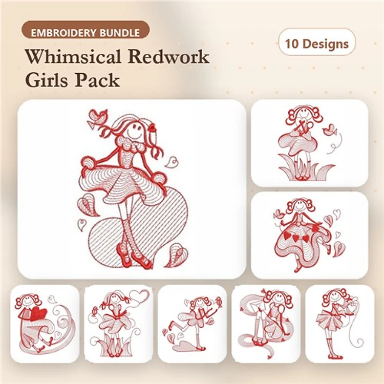 Redwork Whimsical Girls Embroidery Designs Bundle – Girl with Heart Balloon, Girl Holding Flower, & More (10 Designs)