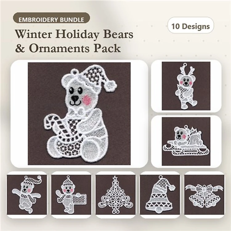 FSL Winter Holiday Bears Embroidery Designs Bundle – Bear with Candy Cane, Snowman Bear, Ornament with Bow & More (10 Designs)