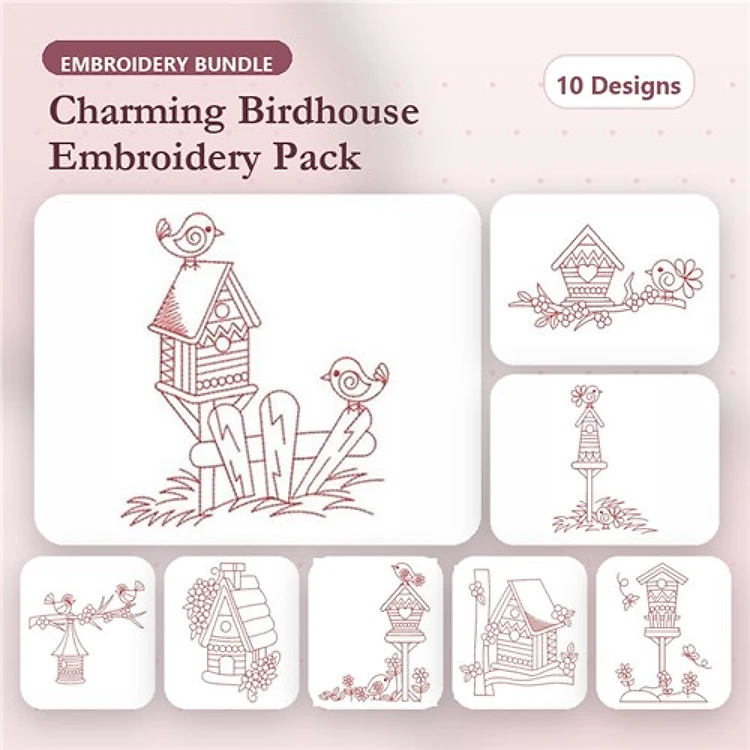 Redwork Birdhouses and Birds Embroidery Designs Bundle – Birdhouse with Flowers, Decorative Birdhouse, & More (10 Designs)