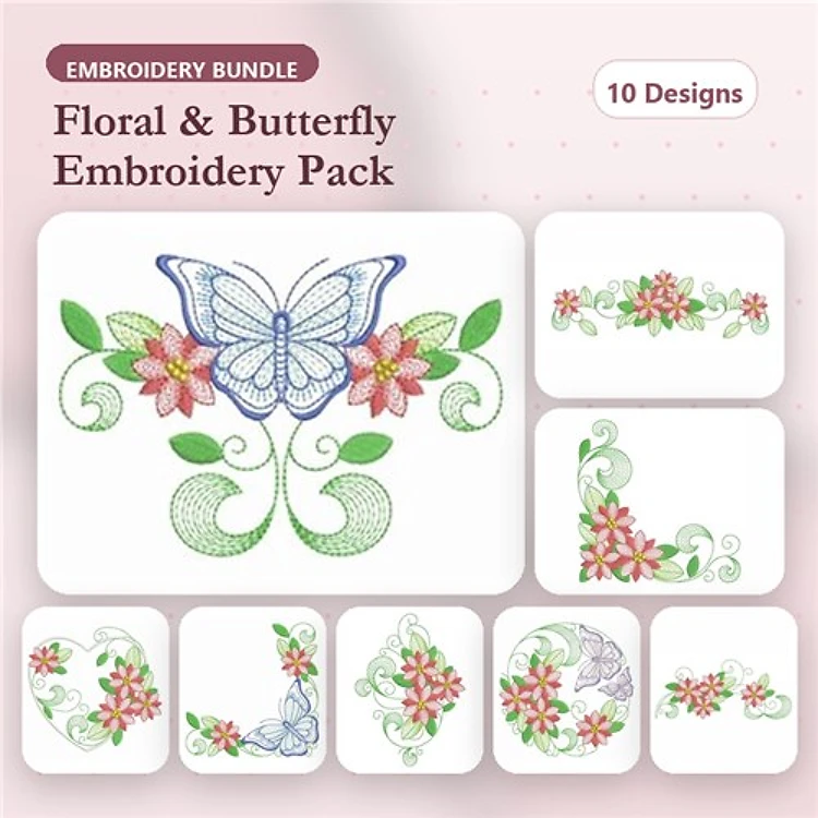 Rippled Floral & Butterfly Embroidery Designs Bundle – Butterfly with Floral Accents, Flower Vine Design & More (10 Designs)