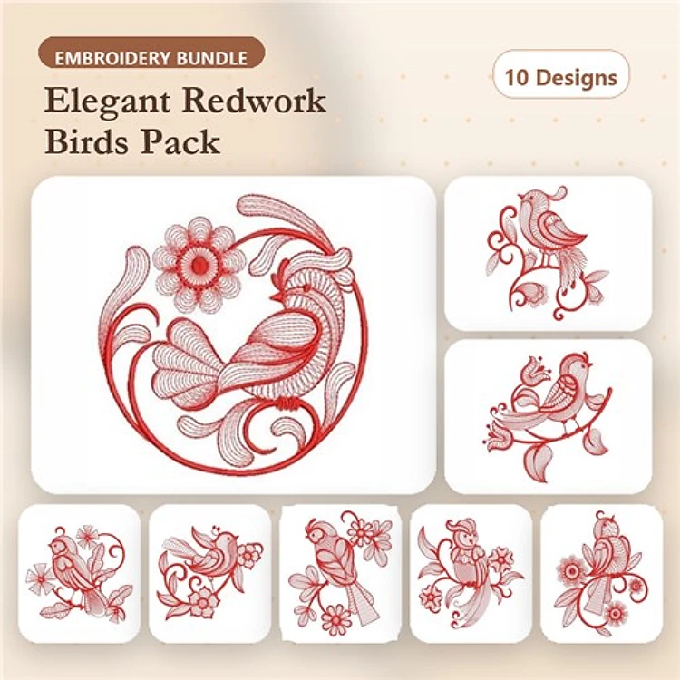 Redwork Elegant Bird Embroidery Designs Bundle – Floral Bird in Circle, Single Bird with Flower, Two Birds with Flowers & More (10 Designs)