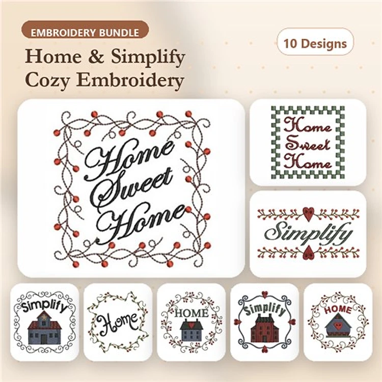 Redwork Home & Cozy Embroidery Bundle – Home Sweet Home, Simplify, House Design & More (10 Designs)