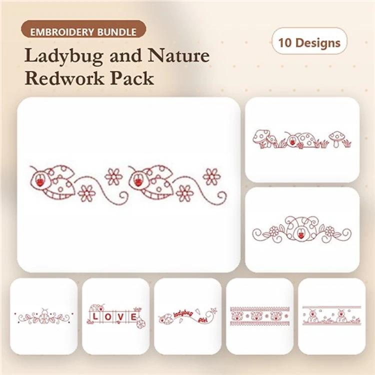 Redwork Ladybug and Nature Embroidery Designs Bundle – Ladybug with Flowers, Ladybug and Butterfly, Floral Heart & More (10 Designs)