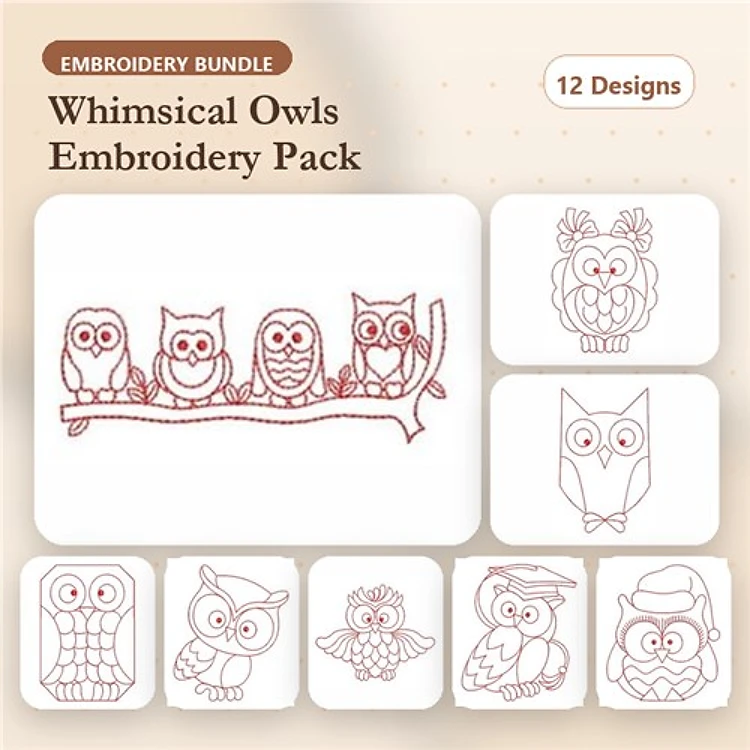Redwork Whimsical Owls Embroidery Designs Bundle – Owl on Branch, Owl with Glasses, Sleepy Owl & More (12 Designs)