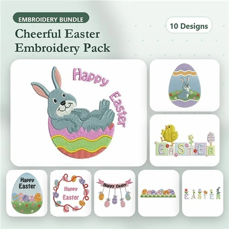 Cheerful Easter Embroidery Designs Bundle – Easter Bunny, Colorful Eggs, Happy Easter Text & More (10 Designs)