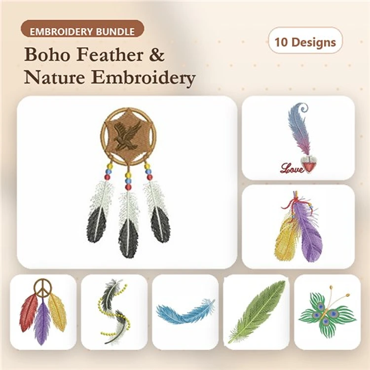 Boho Feather & Nature Embroidery Designs Bundle – Dream Catcher, Colorful Feather, Love Feather & More (10 Designs)