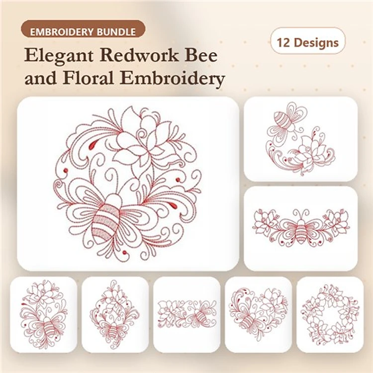 Redwork Bee and Floral Embroidery Designs Bundle – Floral Wreath with Bees, Ornate Bee Design & More (12 Designs)