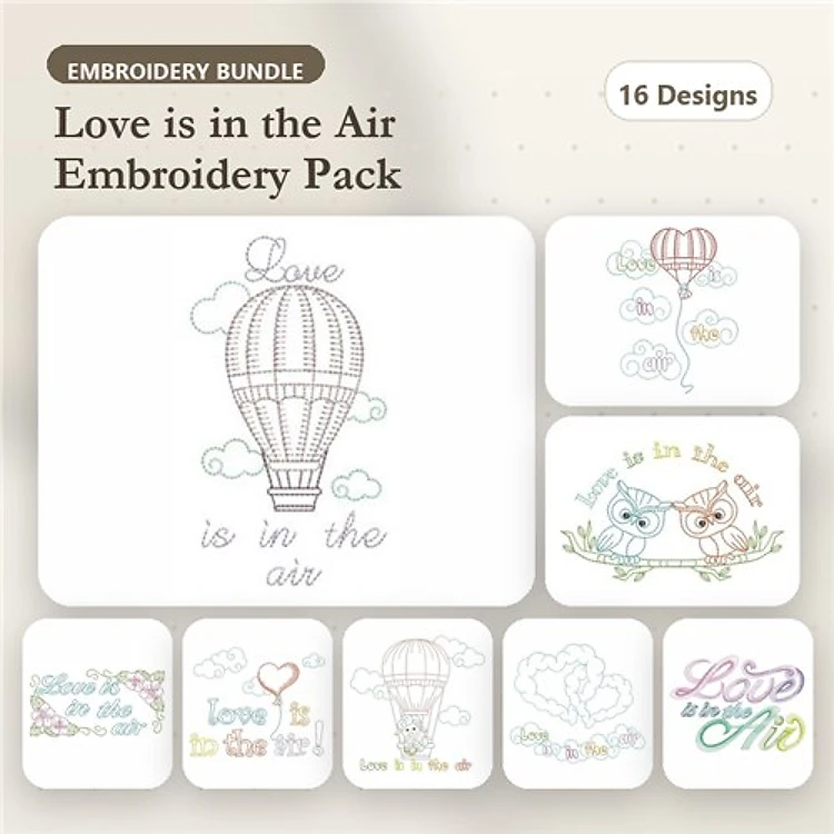 Redwork Love & Hot Air Balloons Embroidery Designs Bundle – Hot Air Balloon, Love is in the Air with Clouds & More (16 Designs)