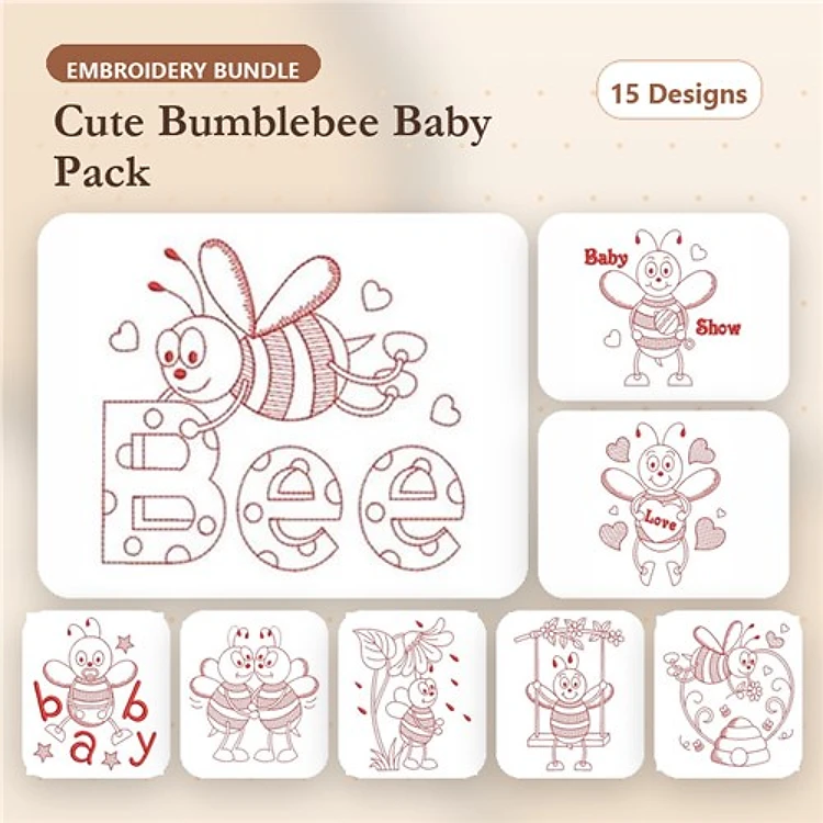 Redwork Bumblebee Baby Embroidery Bundle – Bumblebee with Hearts, Bumblebee on Letter B, & More (15 Designs)