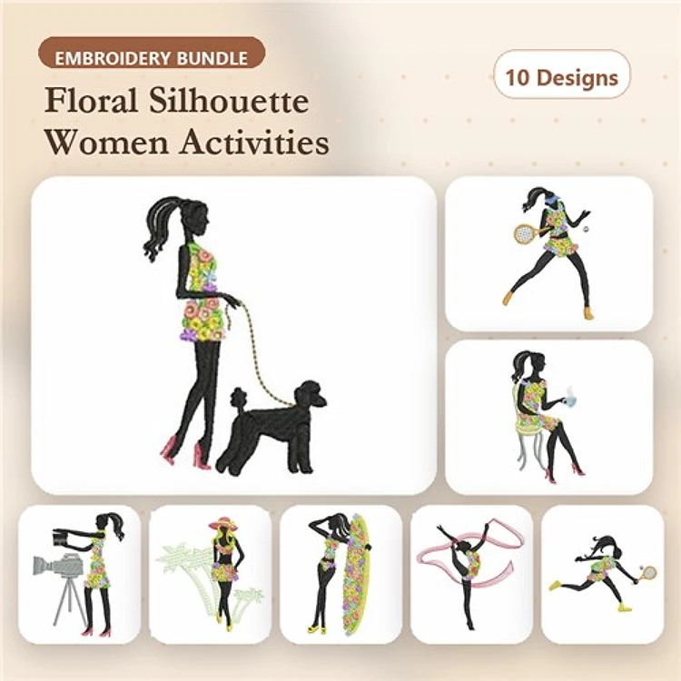 Floral Silhouette Women Activities Embroidery Designs Bundle – Woman Walking Dog, Woman in Floral Dress, Dancing & More (10 Designs)