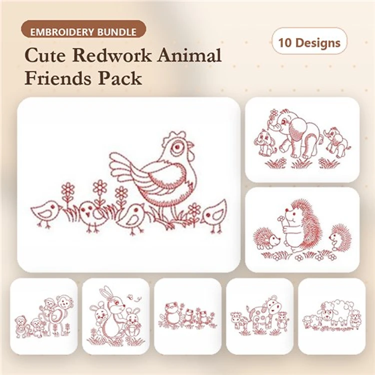 Redwork Cute Animal Embroidery Bundle – Bunny, Hedgehog, Chicken, Frog & More (10 Designs)
