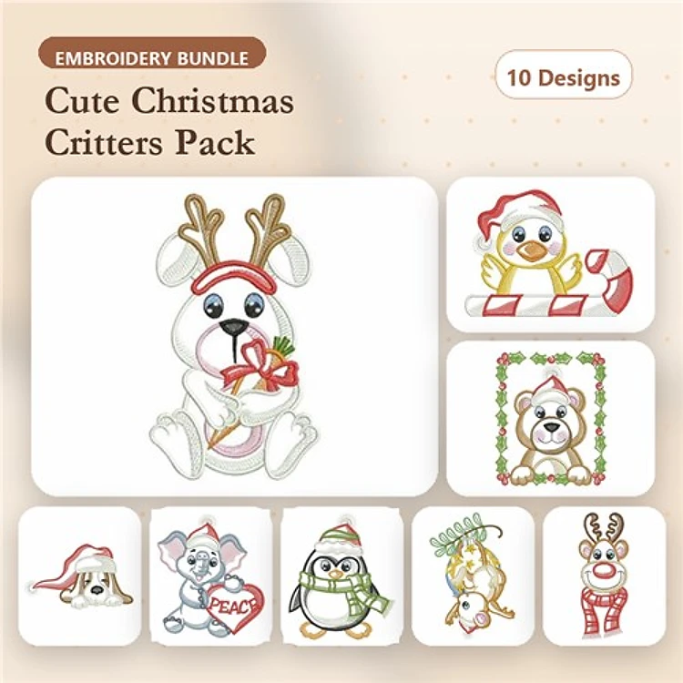 Cute Christmas Critters Embroidery Bundle – Festive Animal Designs (10 Designs)