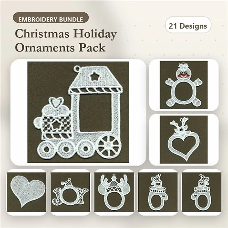 FSL Christmas Ornament Embroidery Designs Bundle – Christmas Train, Snowman, Reindeer, Santa Hat & More (21 Designs)