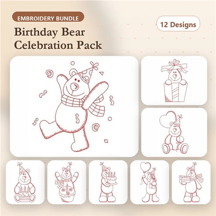 Redwork Birthday Bear Celebration Embroidery Designs Bundle – Happy Birthday Bear, Birthday Bear with Gift, & More (12 Designs)