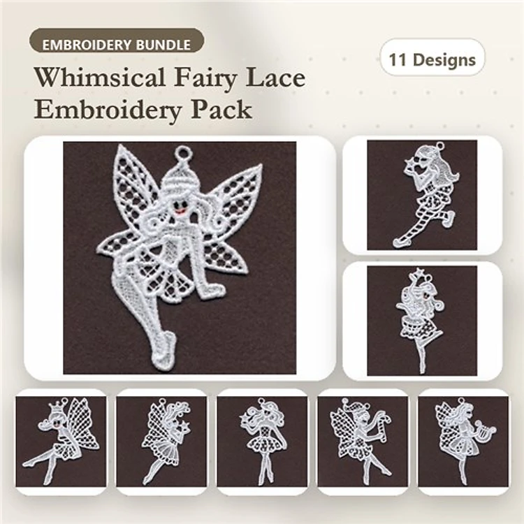 FSL Whimsical Fairy Lace Embroidery Designs Bundle – Fairy Dancer, Fairy with Wand, Fairy Princess & More (11 Designs)