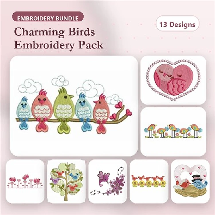 Charming Birds Embroidery Designs Bundle – Birds on a Branch, Love Birds, Hearts with Birds & More (13 Designs)