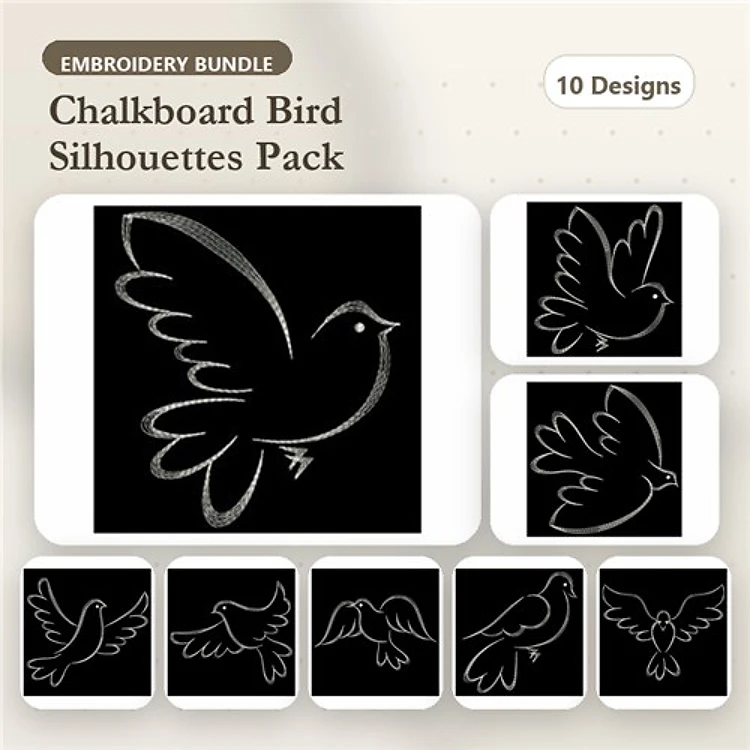Chalkboard Bird Silhouettes Embroidery Bundle – Bird in Flight, Sitting Bird, Perched Bird & More (10 Designs)