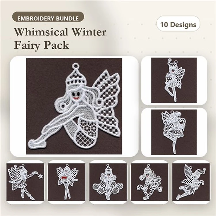 FSL Winter Fairy Embroidery Designs Bundle – Winter Fairy with Skates, Fairy with Snowflakes, & More (10 Designs)