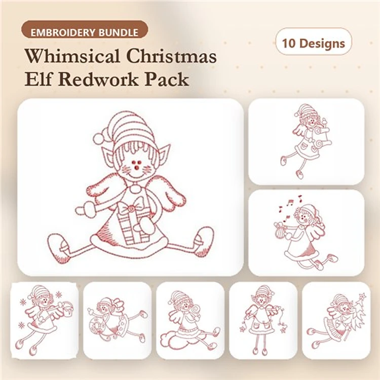 Redwork Whimsical Christmas Elves Embroidery Designs Bundle – Elf Holding Gift, Elf with Star, Elf Waving & More (10 Designs)