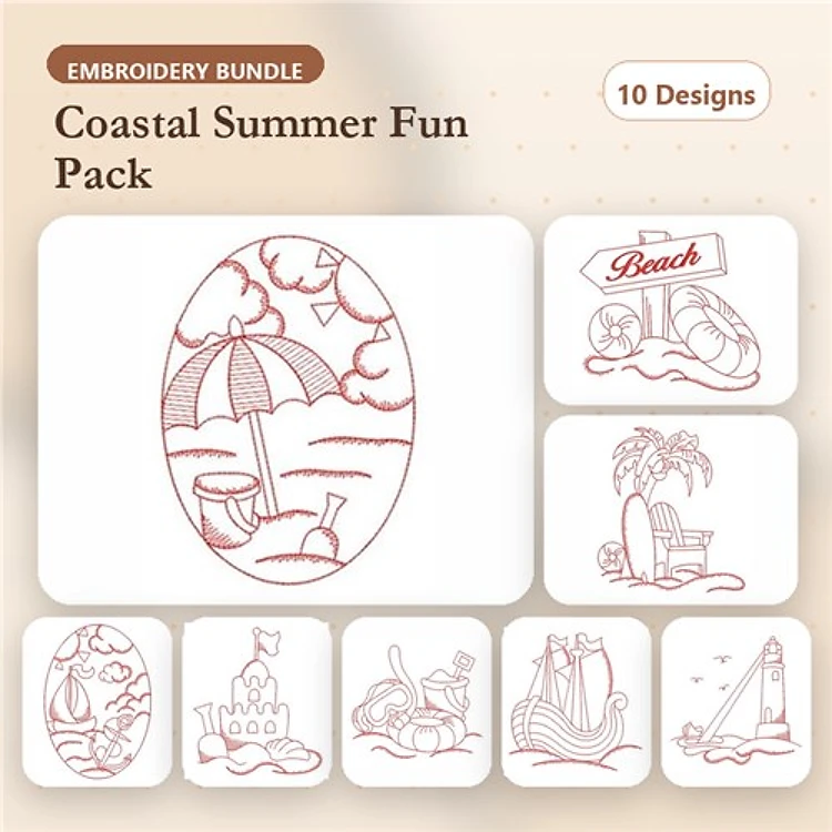 Redwork Coastal Summer Embroidery Designs Bundle – Beach Umbrella, Sandcastle, Palm Tree & More (10 Designs)