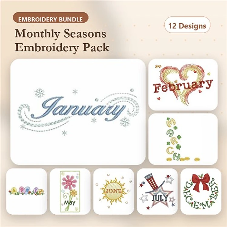 Monthly Seasons Themed Embroidery Designs Bundle – January, February, March, April & More (12 Designs)